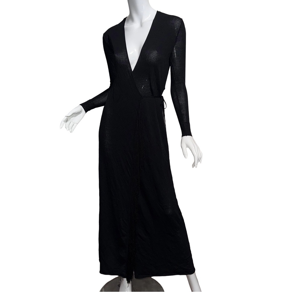 Zara Knit Black Long‎ Sleeve Fringe Wrap Maxi Dress Minimalist